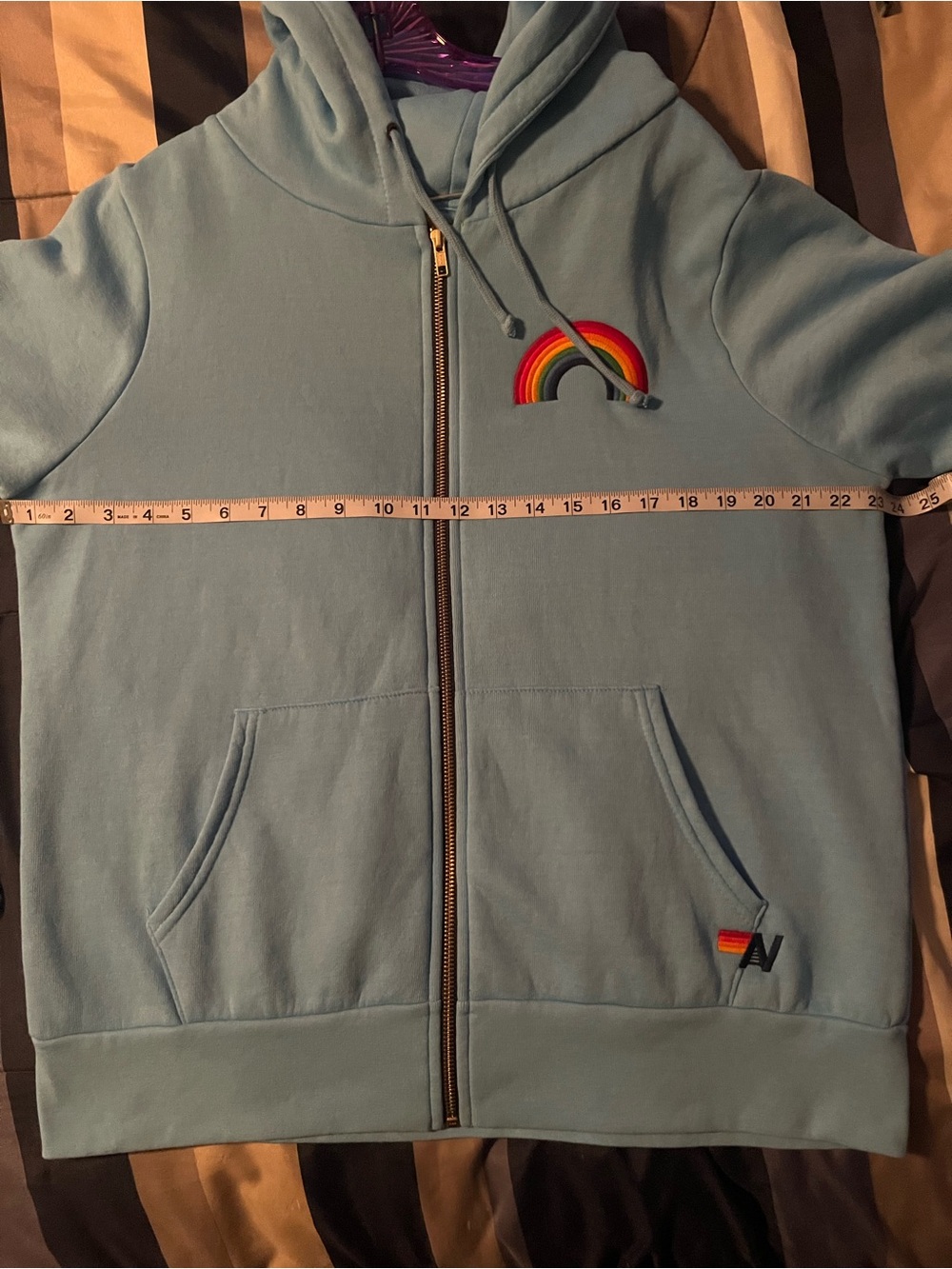 ๐ NWT Aviator Nation Rainbow Embroidery Zip Hoodie in Sky Blue - Sz Large - Picture 10 of 11